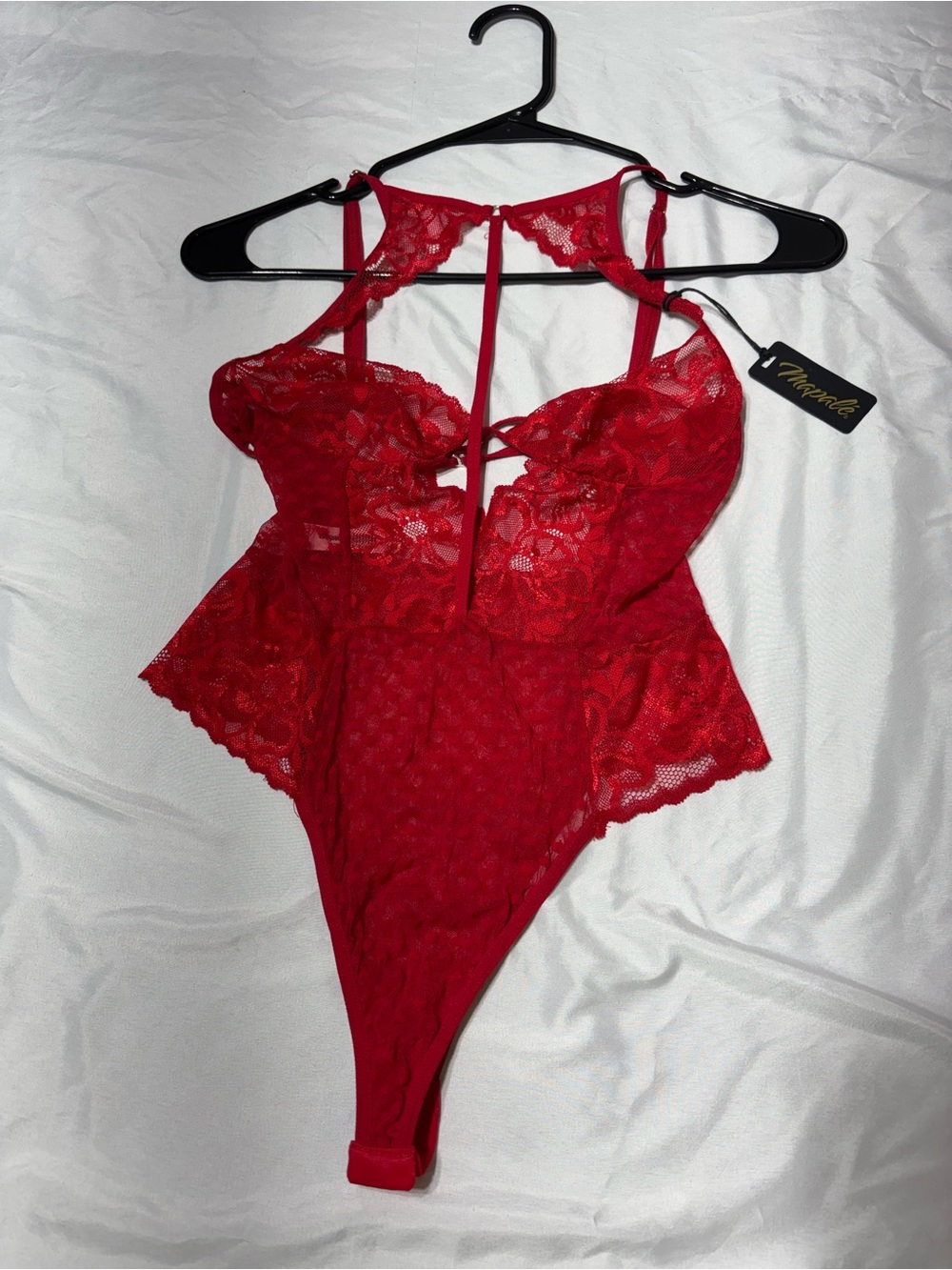 Mapale 8565 Red Lace Mesh Mini Heart Teddy Garter Belt NWT Size M/L Lingerie